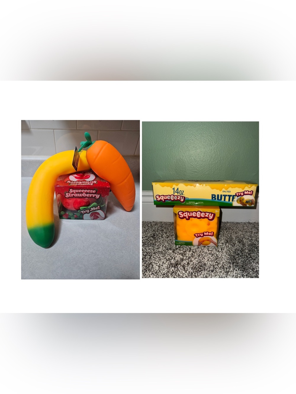 Squeeezy Squishy butter, cheese, banana, carrot, strawberry Viral food bundle